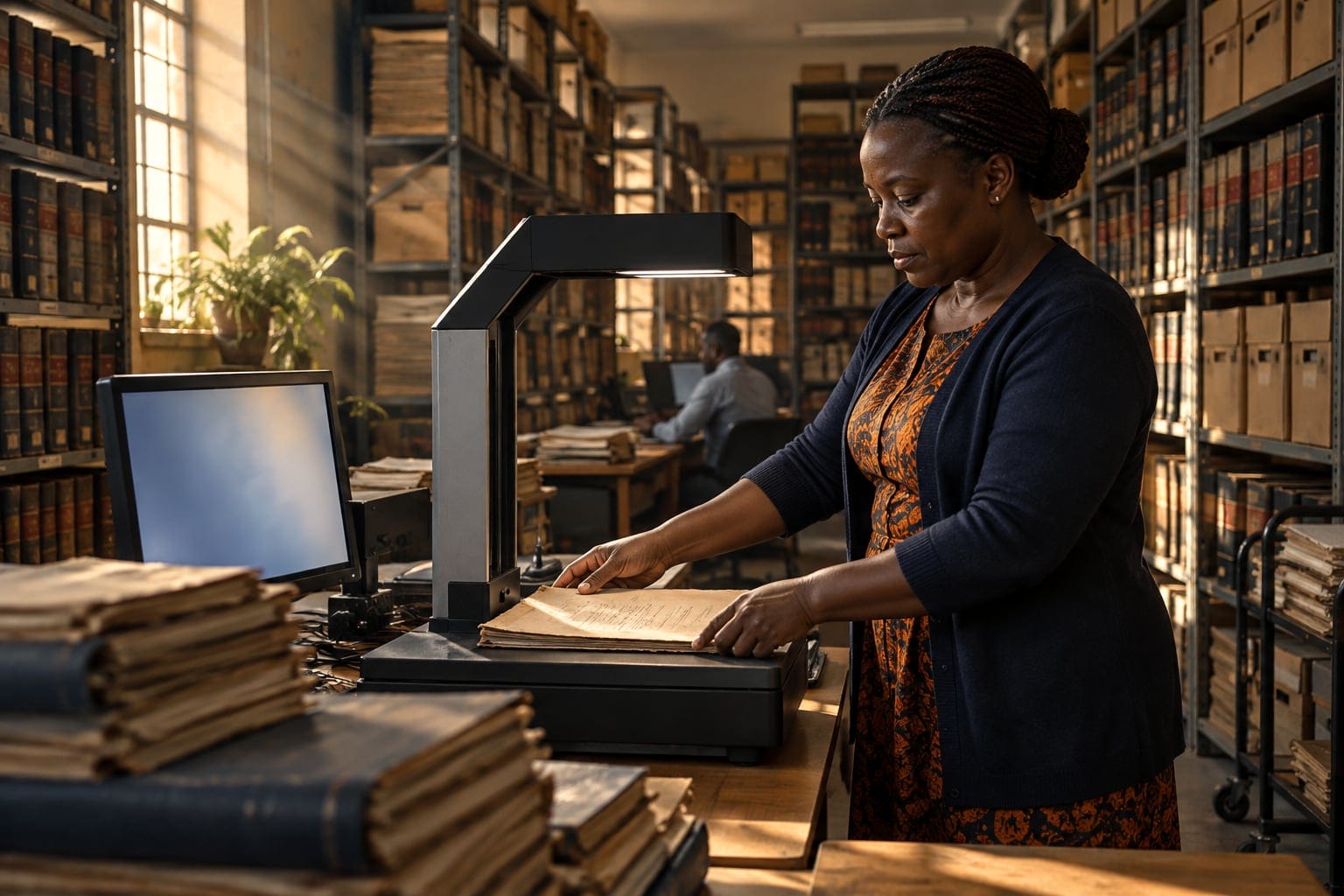 A records officer scanning a paper file in an archive of shelved boxes and bound registers.
